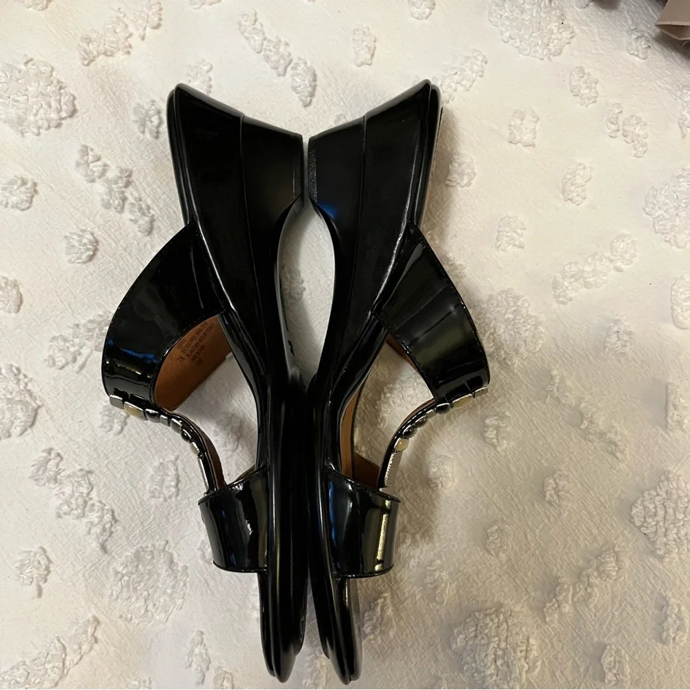 Sofft Wedge Black Spatenstich Leather Slide Slip On Open Toe Mule Sandals Sz 7N